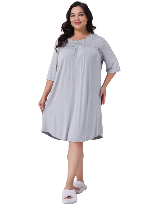Women's Plus Size Nightgown 3/4 Sleeve Sleepwear Lace Sleep Gowns Pleated V Neck Loungewear