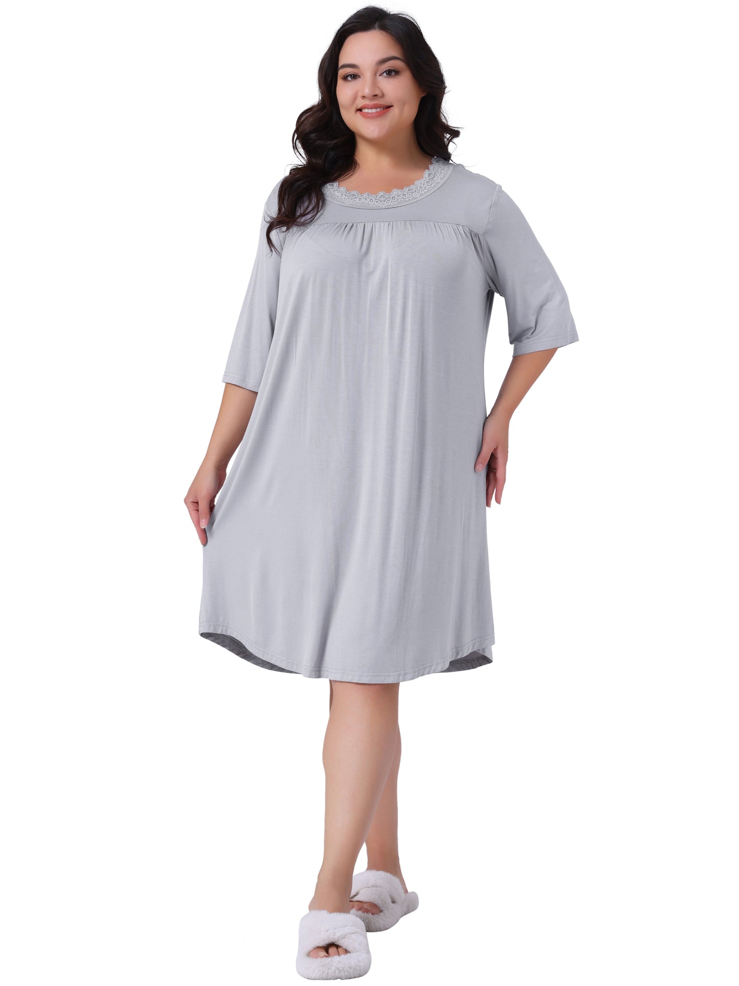 [PACK SALES] Women's Plus Size 2 Pieces Night Dress Pleated Lace Crew Neck 3/4 Sleeve Sleepwear Comfy Midi Nightgown