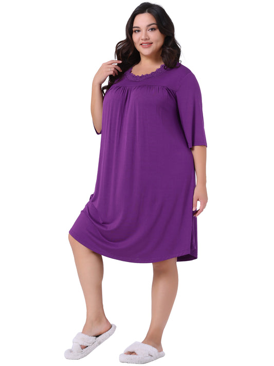 Women's Plus Size Nightgown 3/4 Sleeve Sleepwear Lace Sleep Gowns Pleated V Neck Loungewear