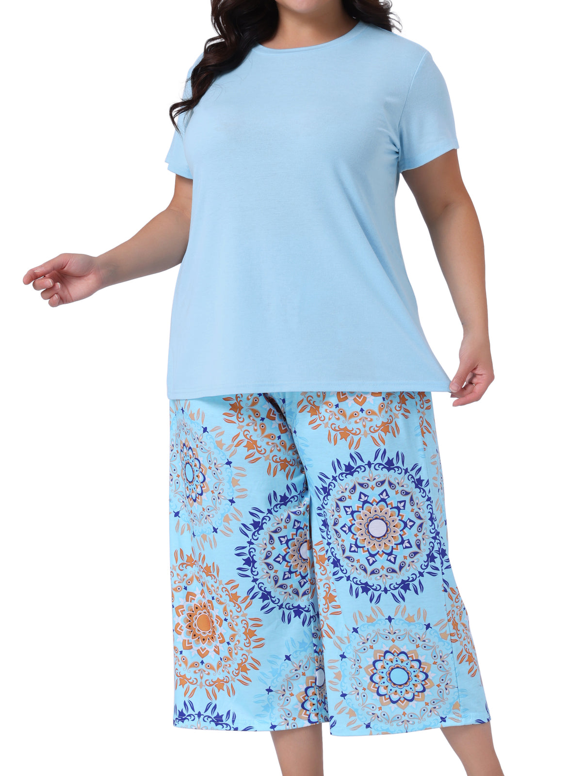 [PACK SALES] Women's Plus Size 2 Sets Sleepwear Printed Pattern Short Sleeve Tops with Pants Lounge Pajamas Sets