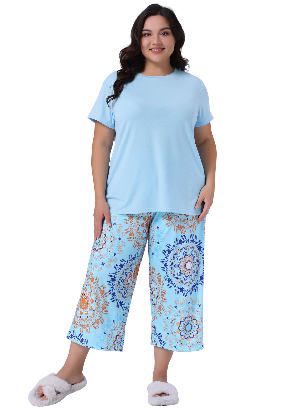 [PACK SALES] Women's Plus Size 2 Sets Sleepwear Printed Pattern Short Sleeve Tops with Pants Lounge Pajamas Sets