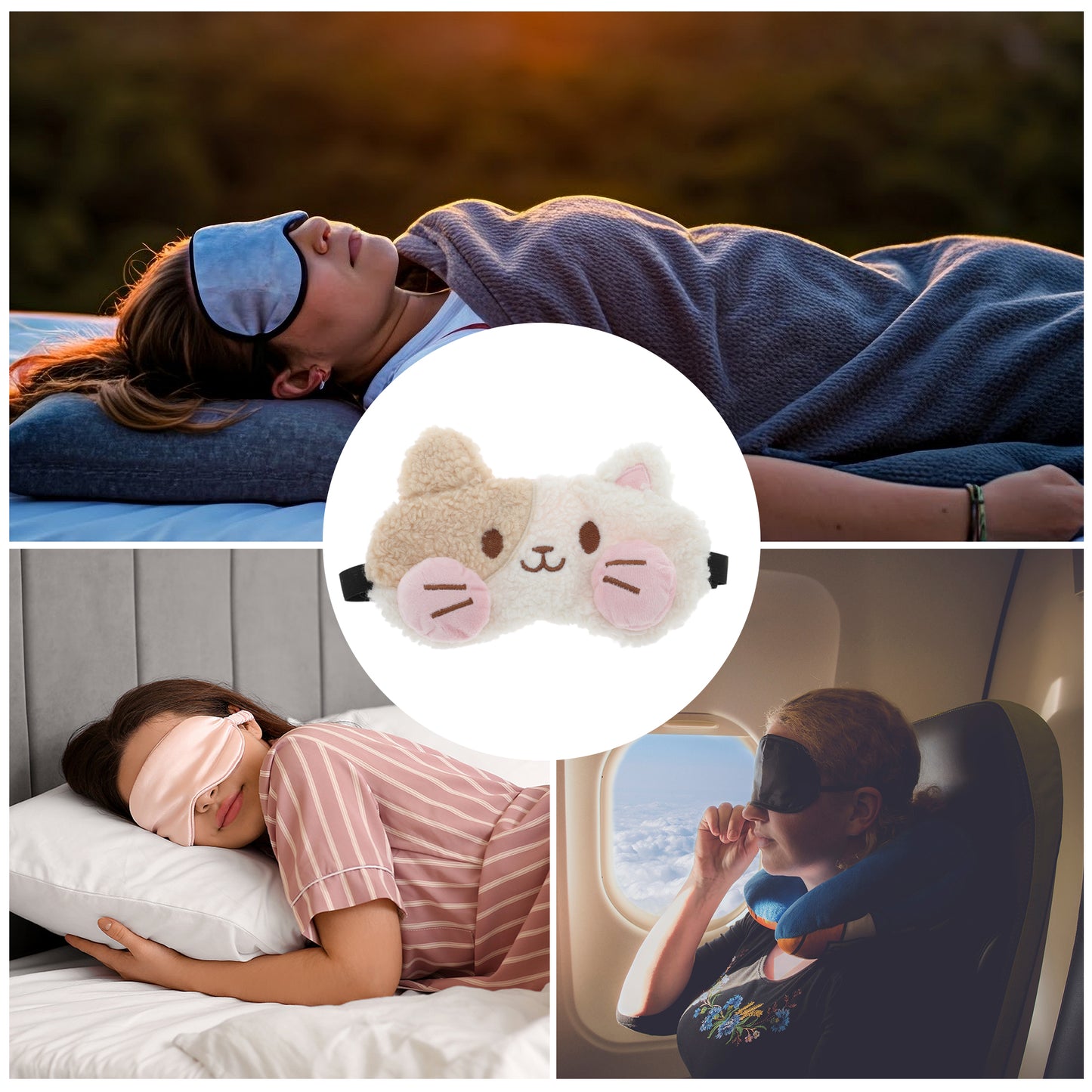 Portable Cat Adjustable Eye Mask Cute Eye Shade Cover for Office White Brown