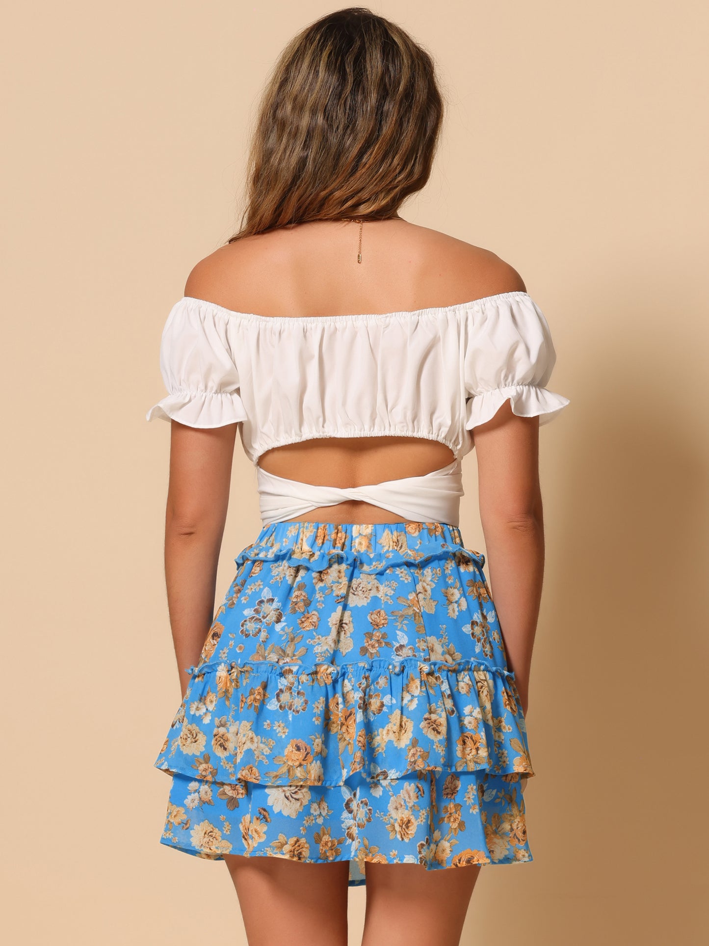 Minifalda skater floral con cintura elástica y dobladillo con volantes en capas para mujer