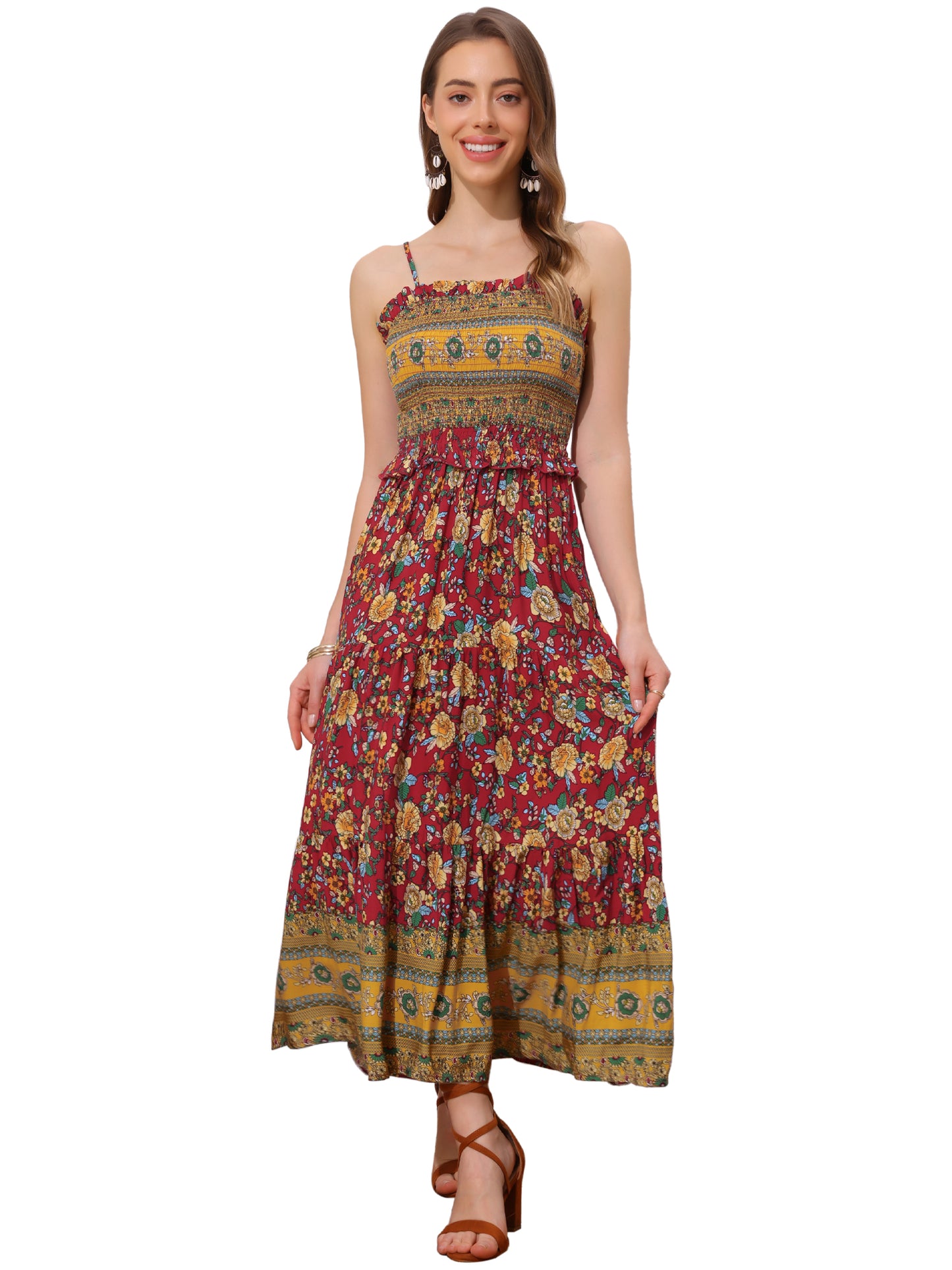 Women's Boho Floral Dress Spaghetti Strap Flowy Smocked Tiered Maxi Dresses