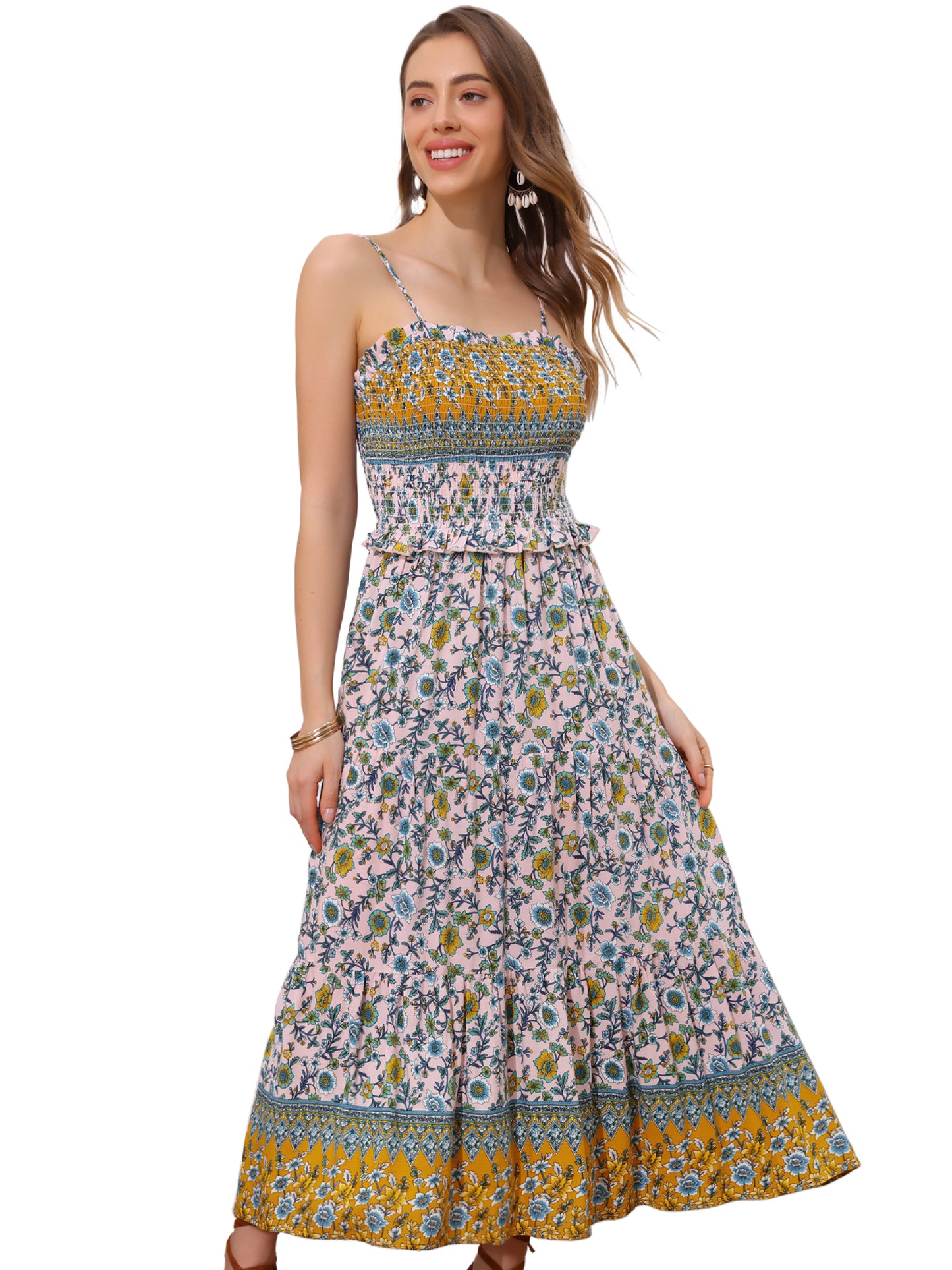 Women's Boho Floral Dress Spaghetti Strap Flowy Smocked Tiered Maxi Dresses