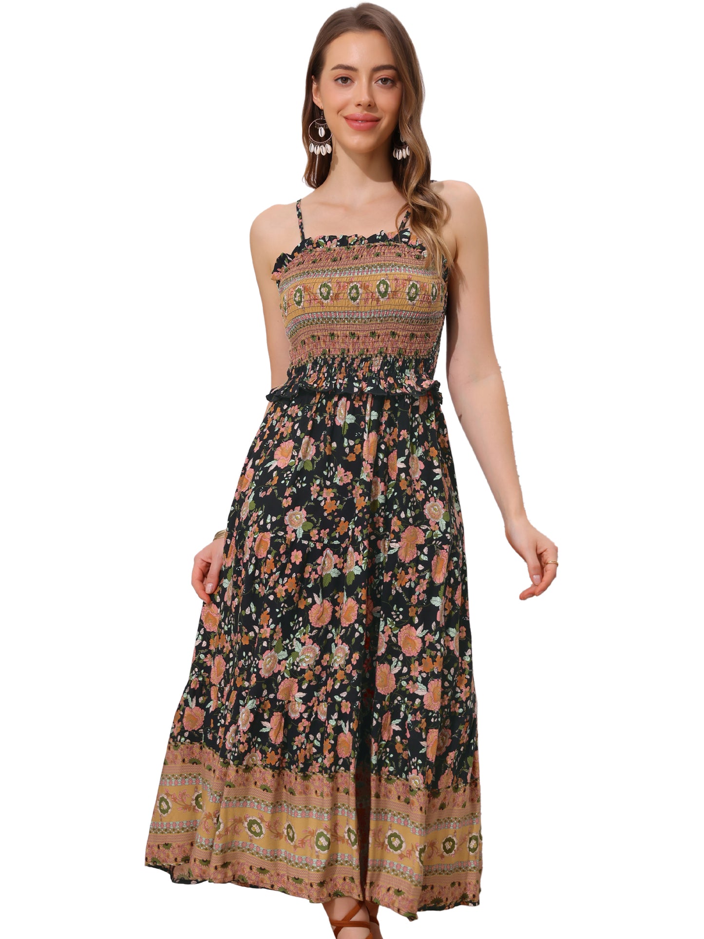Women's Boho Floral Dress Spaghetti Strap Flowy Smocked Tiered Maxi Dresses