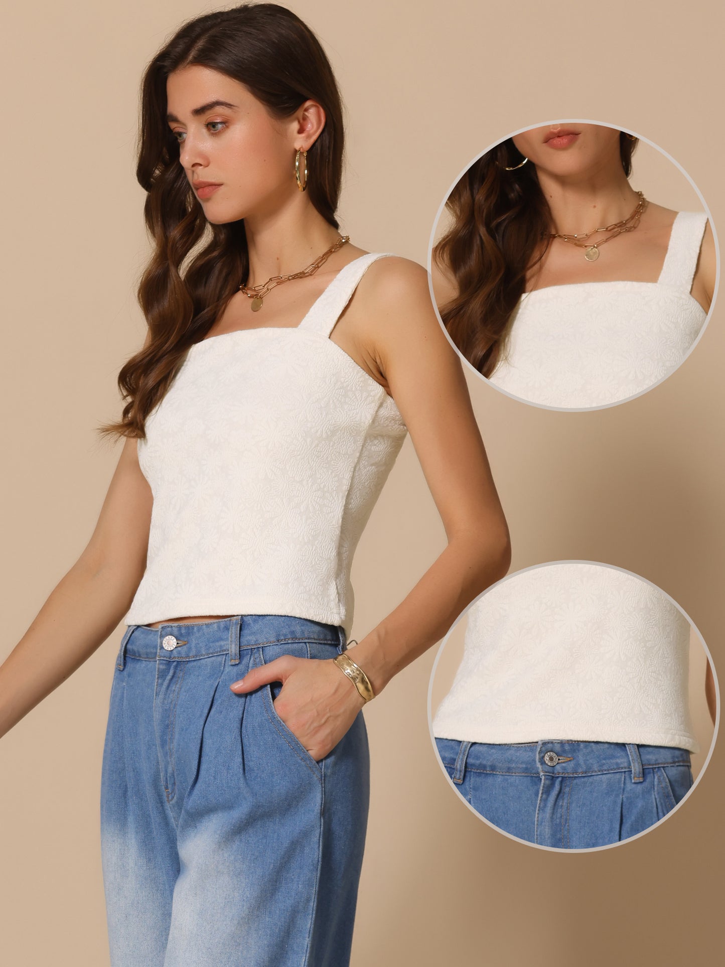 Women's Cropped Square Neck Wide Strap Flower Printed Sleeveless Top Cami Vest Tank Top