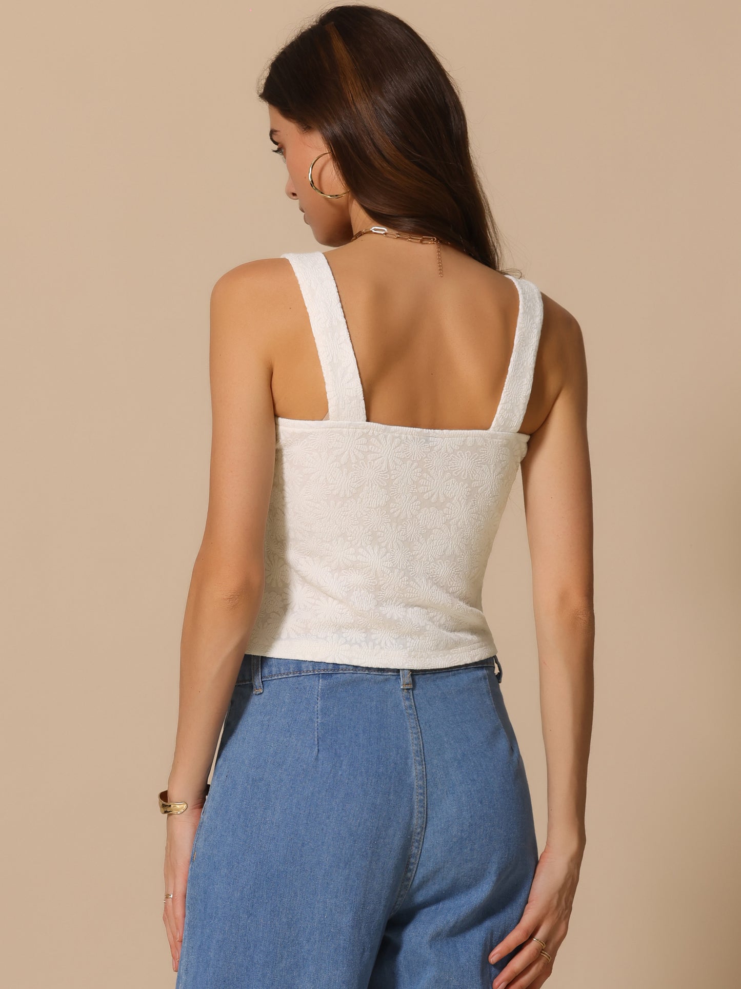 Women's Cropped Square Neck Wide Strap Flower Printed Sleeveless Top Cami Vest Tank Top