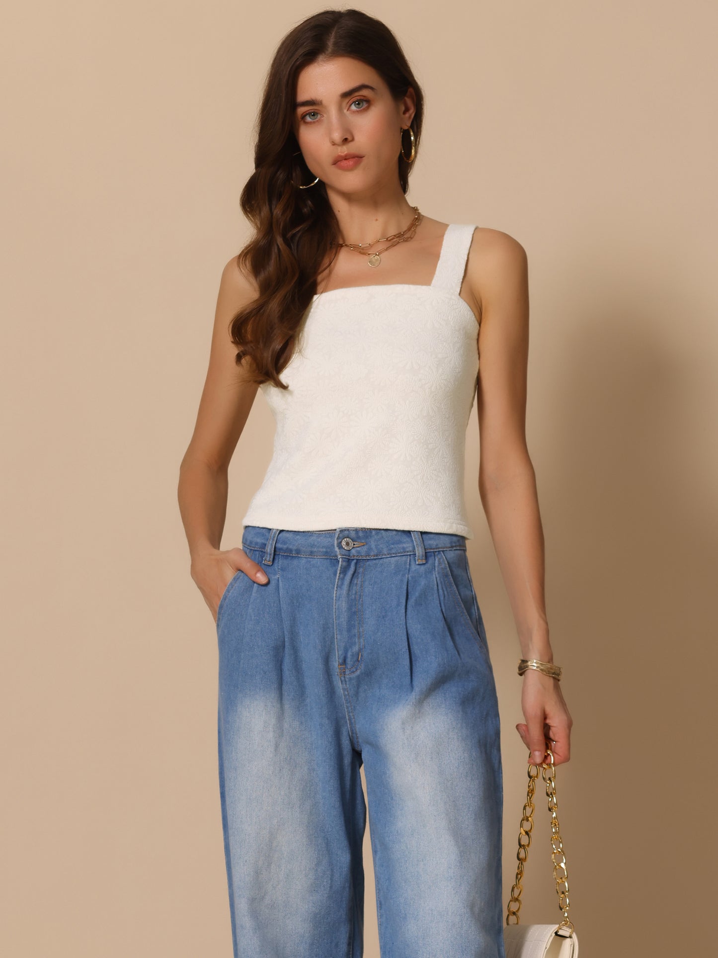 Women's Cropped Square Neck Wide Strap Flower Printed Sleeveless Top Cami Vest Tank Top