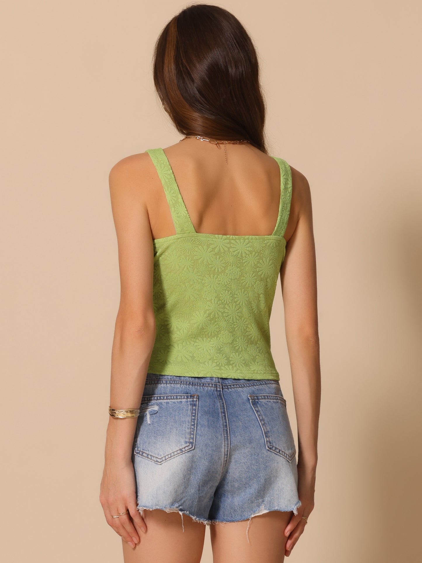 Women's Cropped Square Neck Wide Strap Flower Printed Sleeveless Top Cami Vest Tank Top