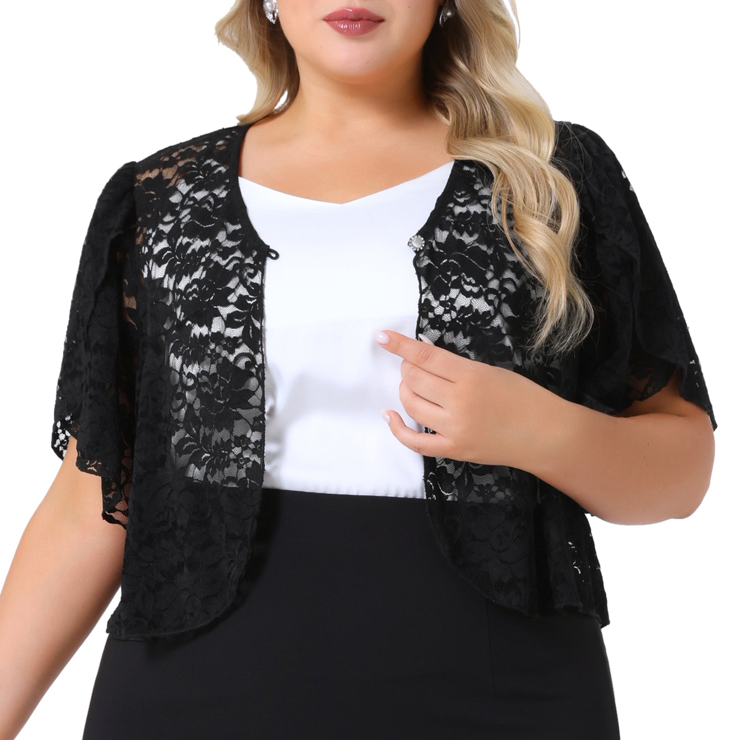 Women's Plus Size Bolero Shrugs Floral Lace Tops Elegant Sheer Open Fron Short Sleeve Cardigans