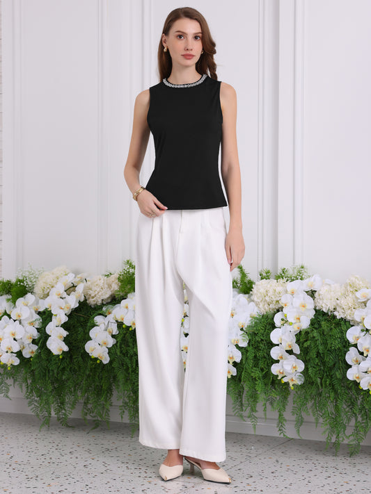 Women's Summer Sleeveless Top Casual Work Office Beaded Tank Top