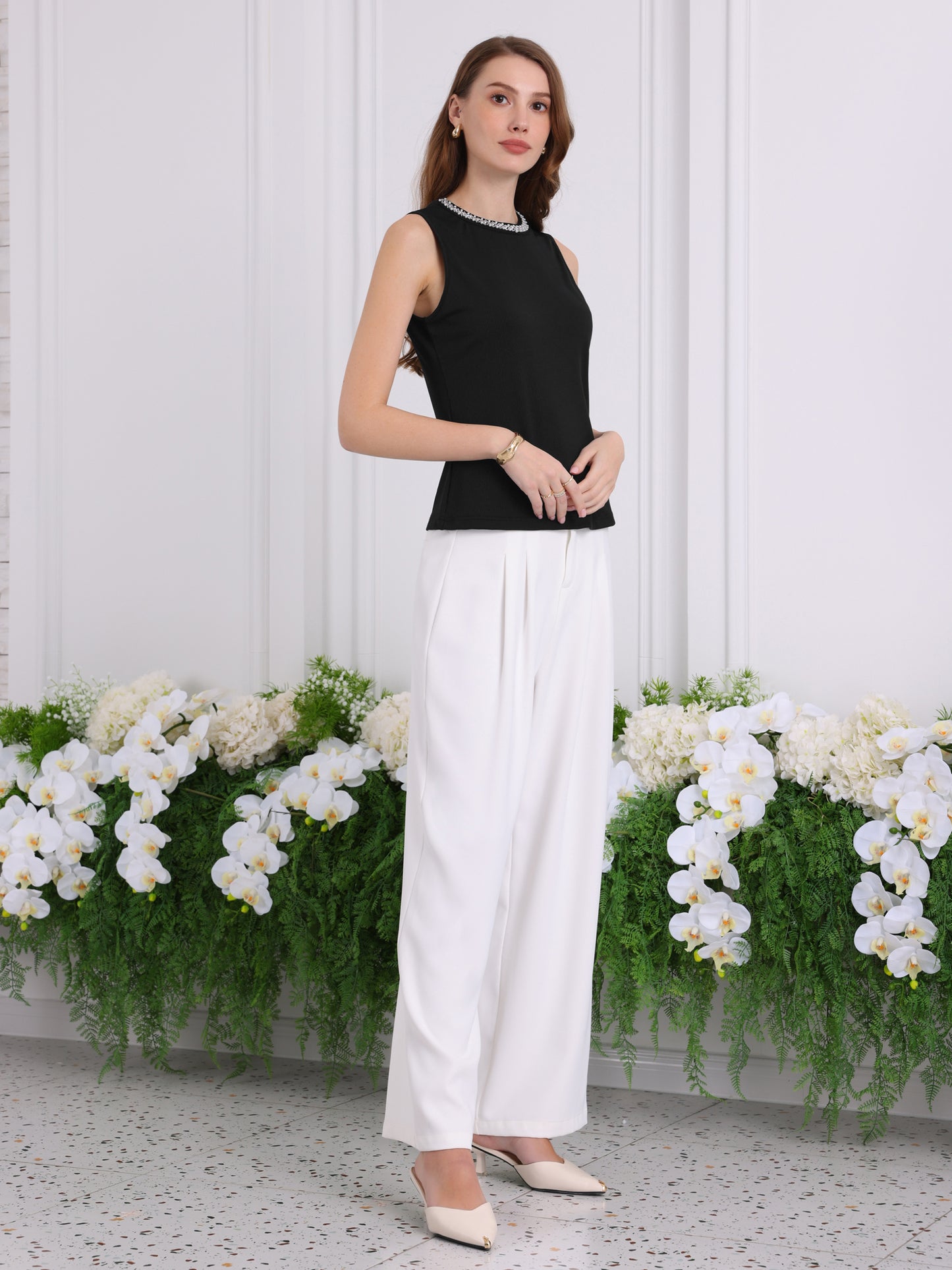 Women's Summer Sleeveless Top Casual Work Office Beaded Tank Top