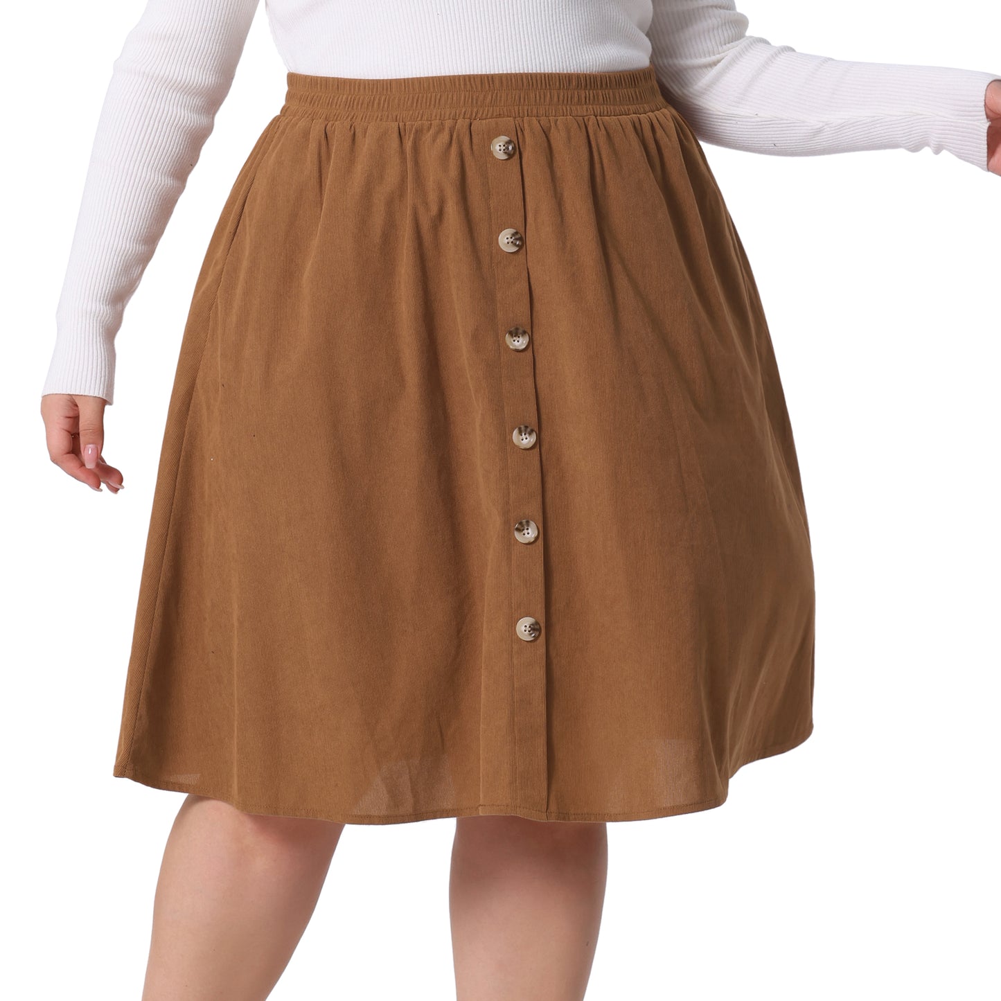Women Plus Size Corduroy Midi Skirts Elastic High Waist Button Front A-Line Skirt with Pockets