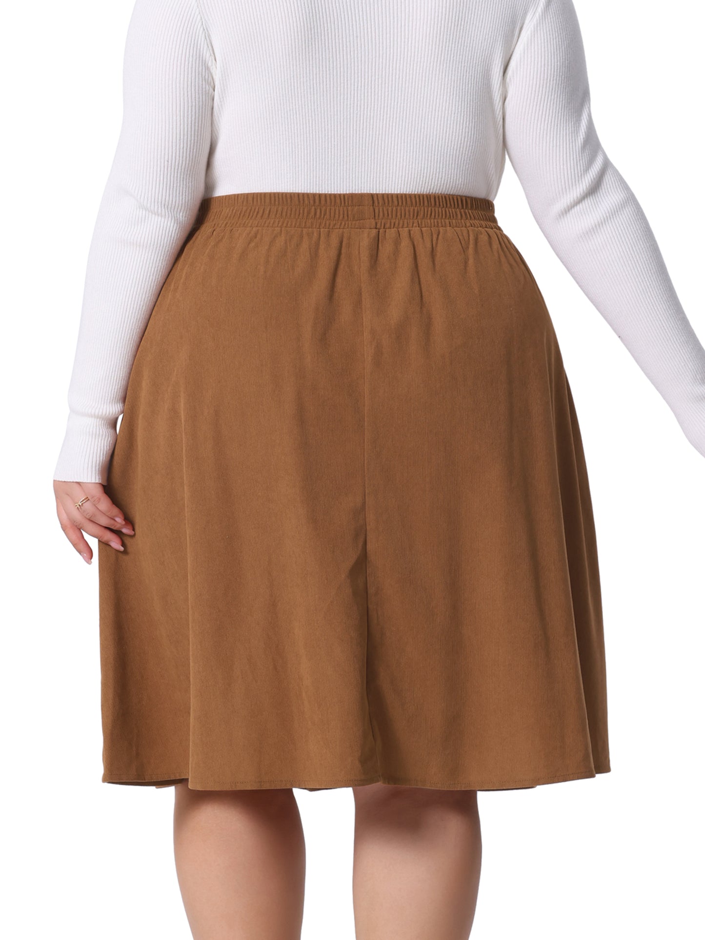 Women Plus Size Corduroy Midi Skirts Elastic High Waist Button Front A-Line Skirt with Pockets