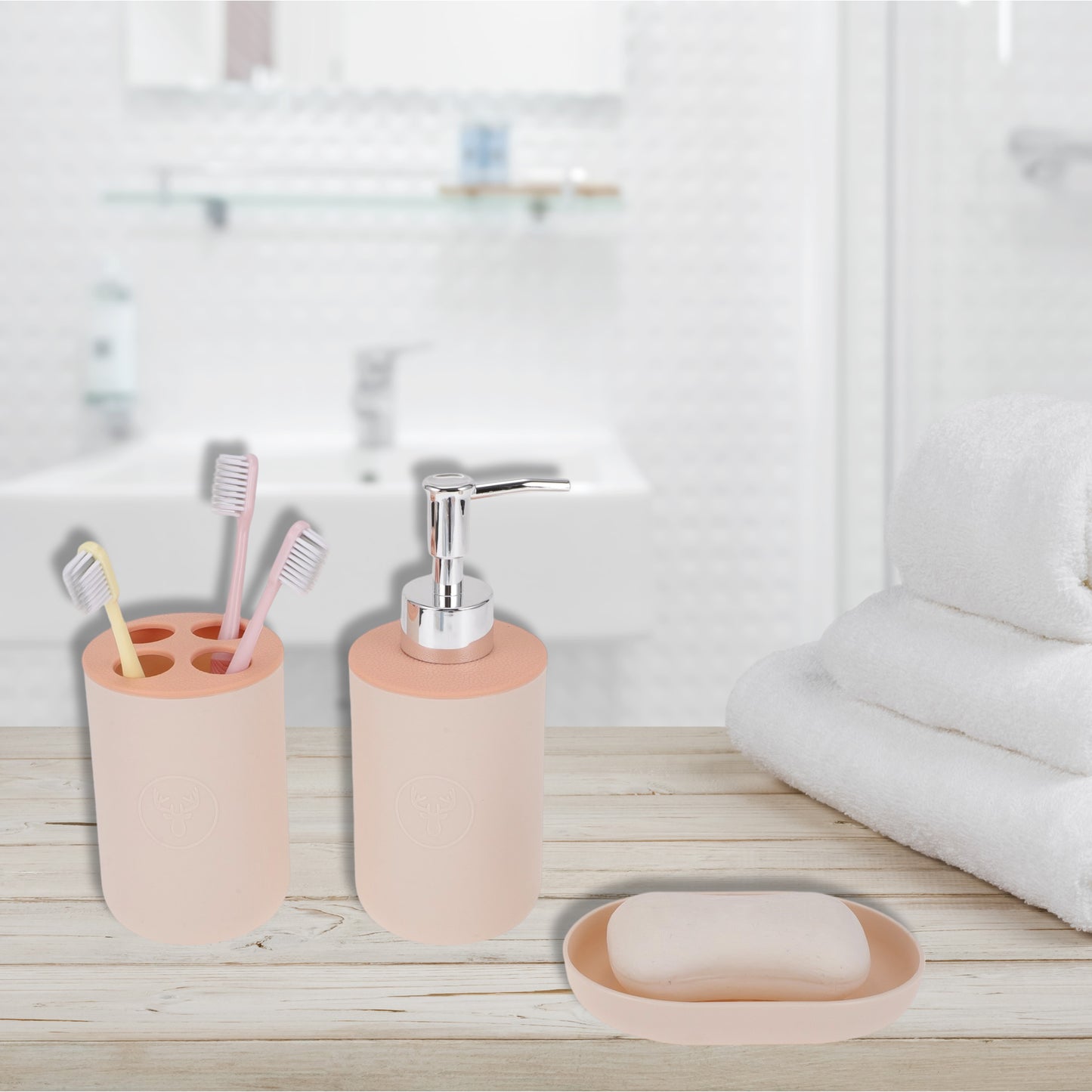 Plastic Durable Round Bathroom Accessories Kit 1 Set Pink