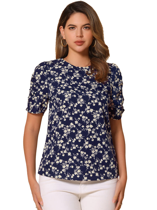Women's Floral Crew Neck Summer Shirred Short Sleeve Blouse
