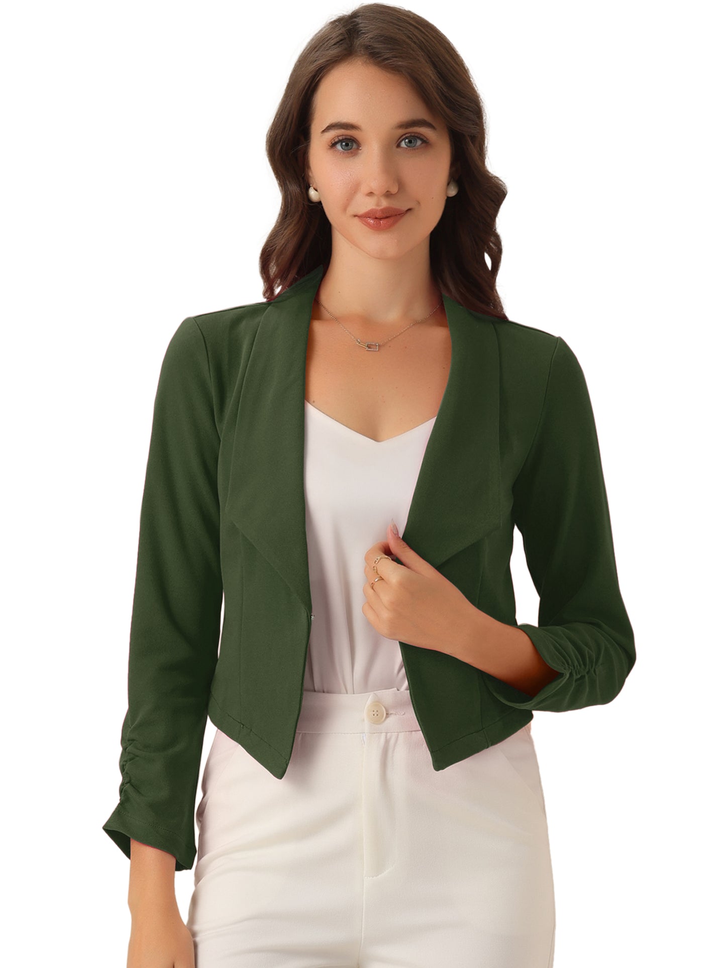 Women's Notched Lapel Ruched Sleeve Business Cropped Blazer (Available in Plus Size)