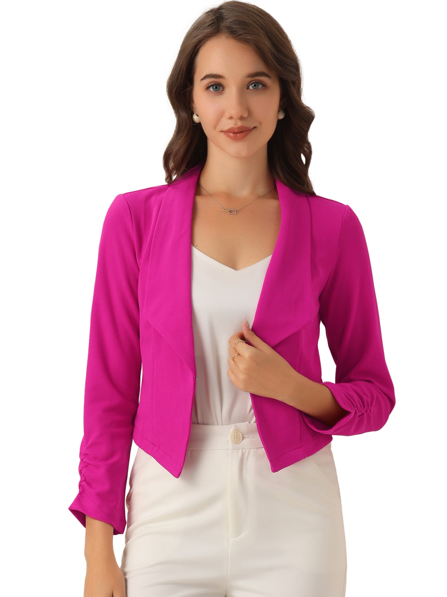 Women's Notched Lapel Ruched Sleeve Business Cropped Blazer (Available in Plus Size)