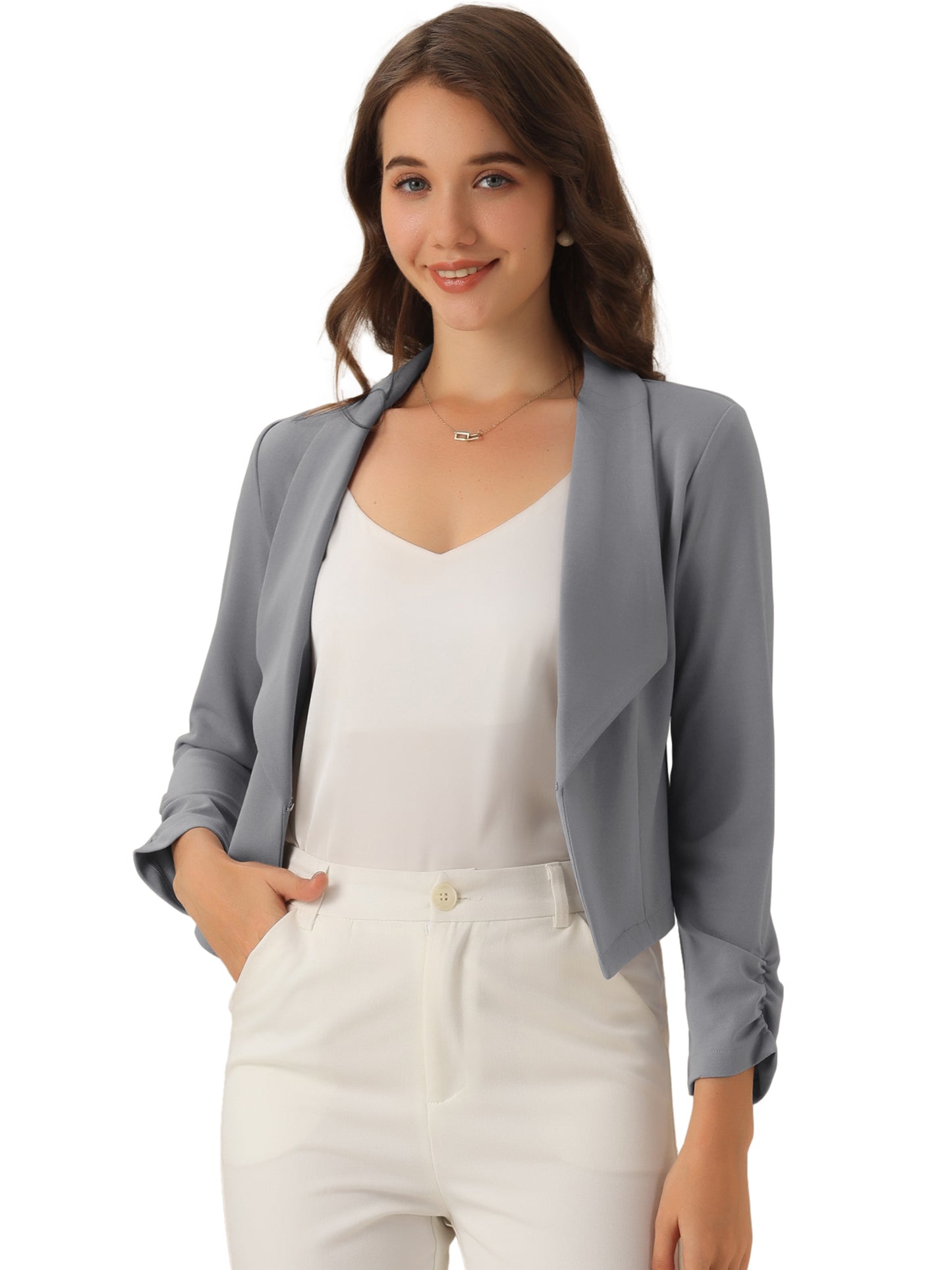 Women's Notched Lapel Ruched Sleeve Business Cropped Blazer (Available in Plus Size)
