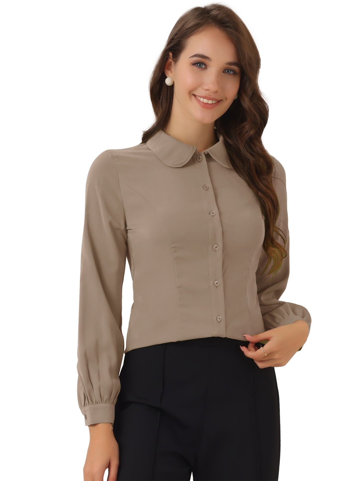 Women's Peter Pan Collar Blouse Business Casual Long Sleeve Button Down Work Shirt
