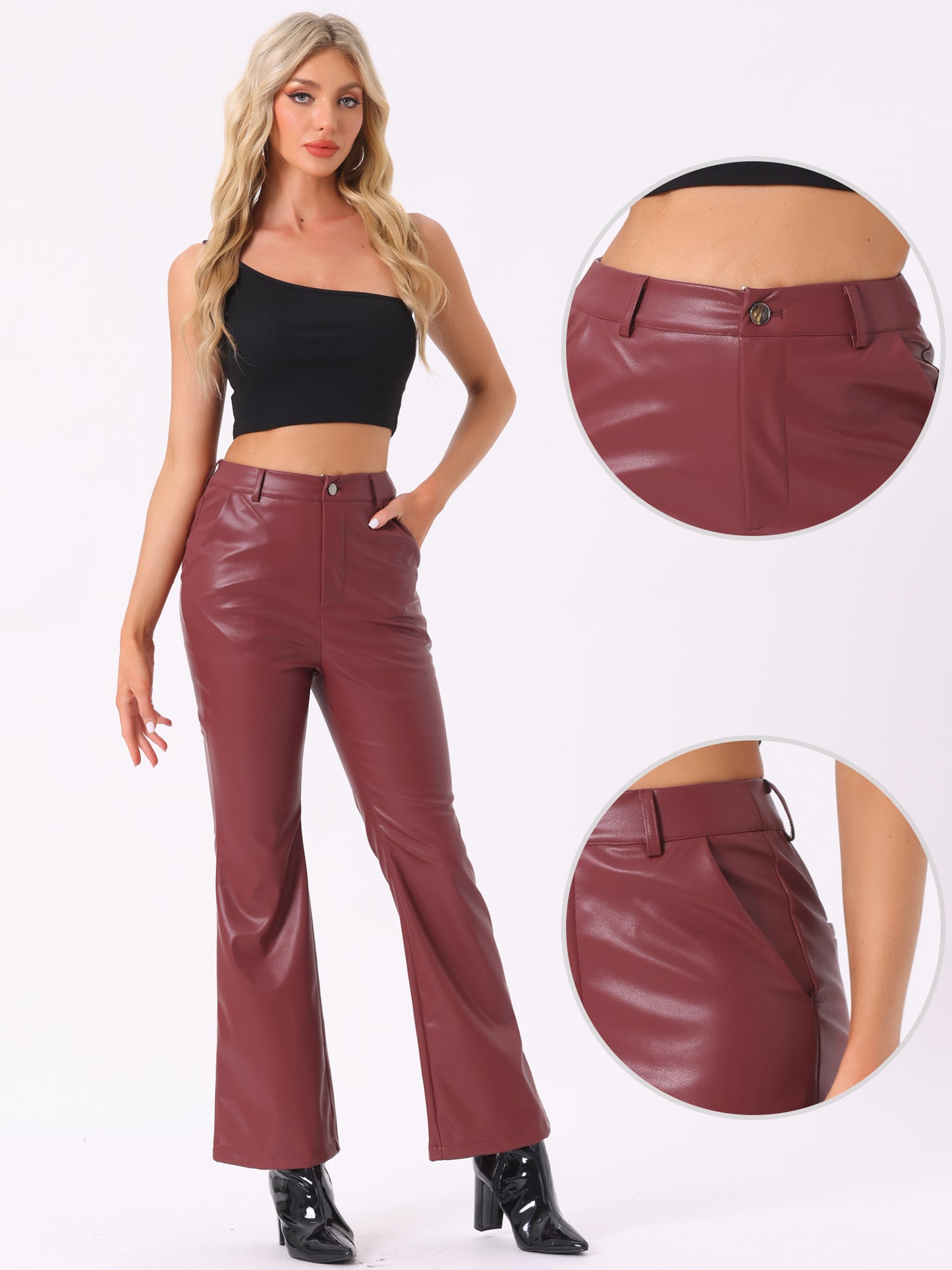 Women's Faux Leather Casual Pants High Waist Bell Bottom Flared Long PU Trousers