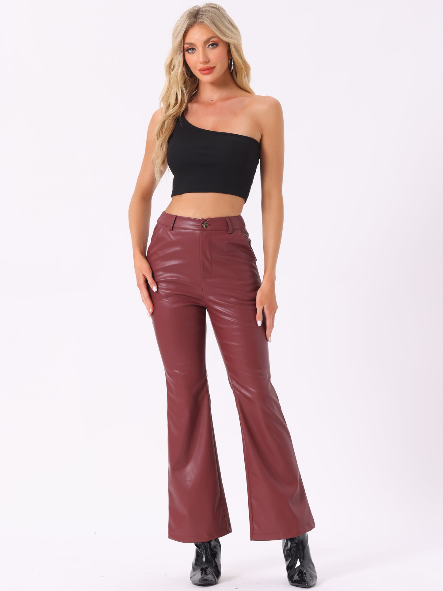 Women's Faux Leather Casual Pants High Waist Bell Bottom Flared Long PU Trousers