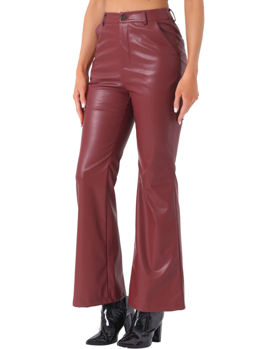 Women's Faux Leather Casual Pants High Waist Bell Bottom Flared Long PU Trousers