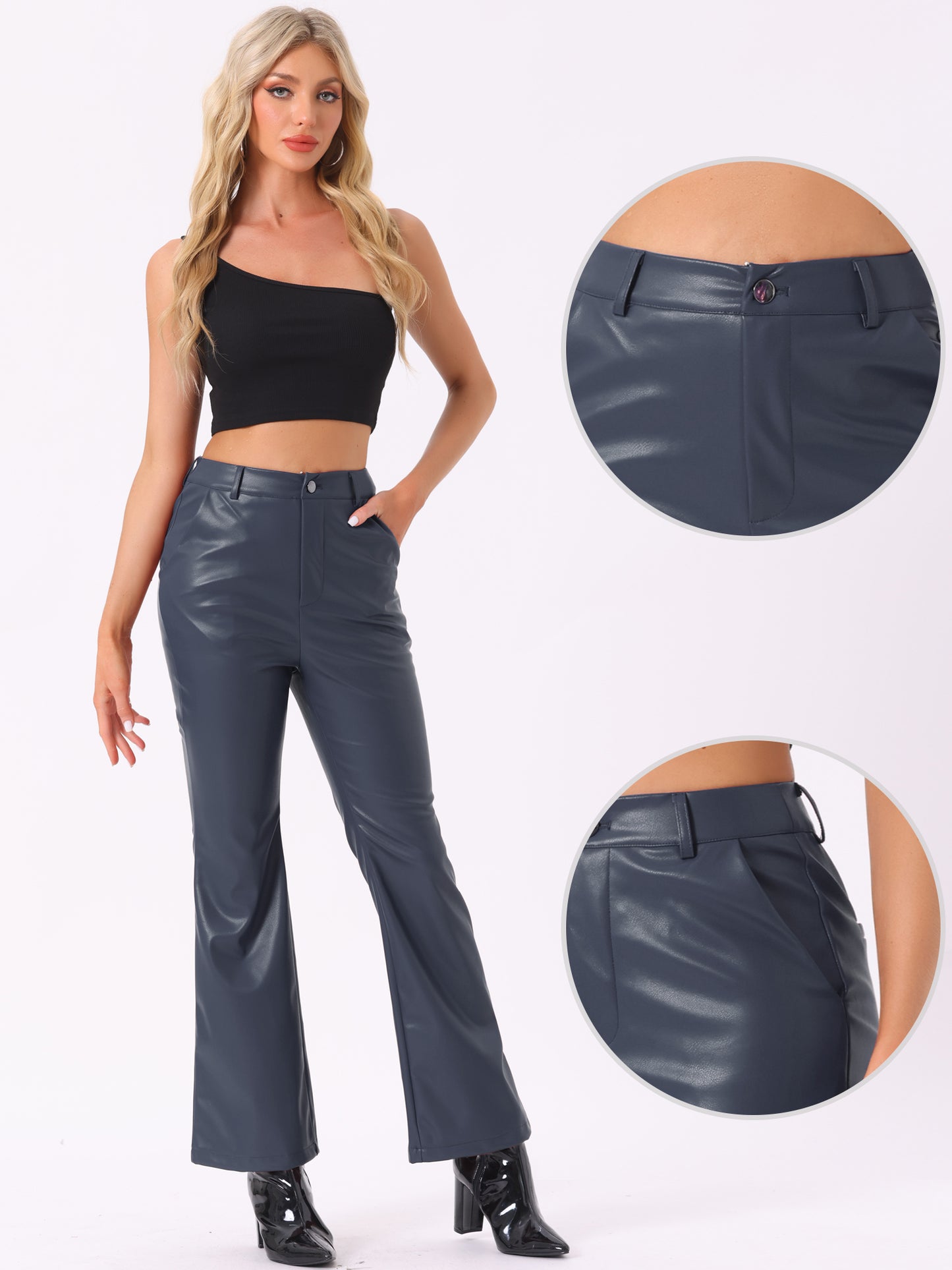 Women's Faux Leather Casual Pants High Waist Bell Bottom Flared Long PU Trousers