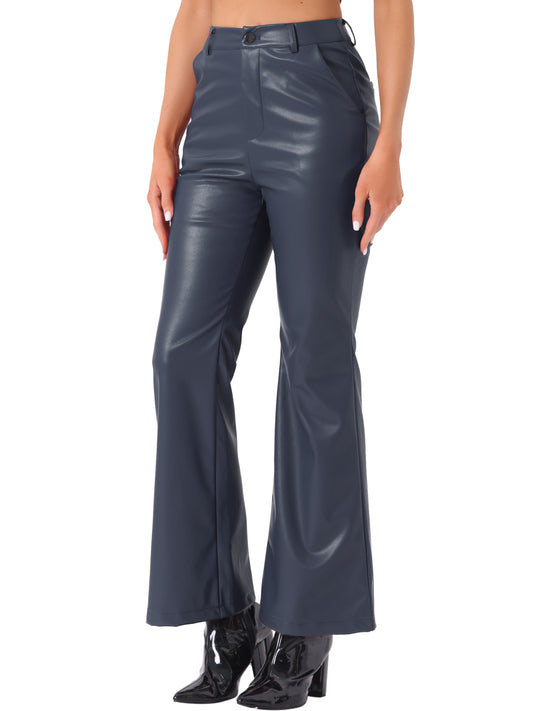 Women's Faux Leather Casual Pants High Waist Bell Bottom Flared Long PU Trousers