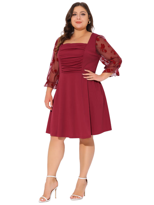 Women Plus Size Dresses Square Neck Floral Mesh Long Sleeves Evening Party Dress
