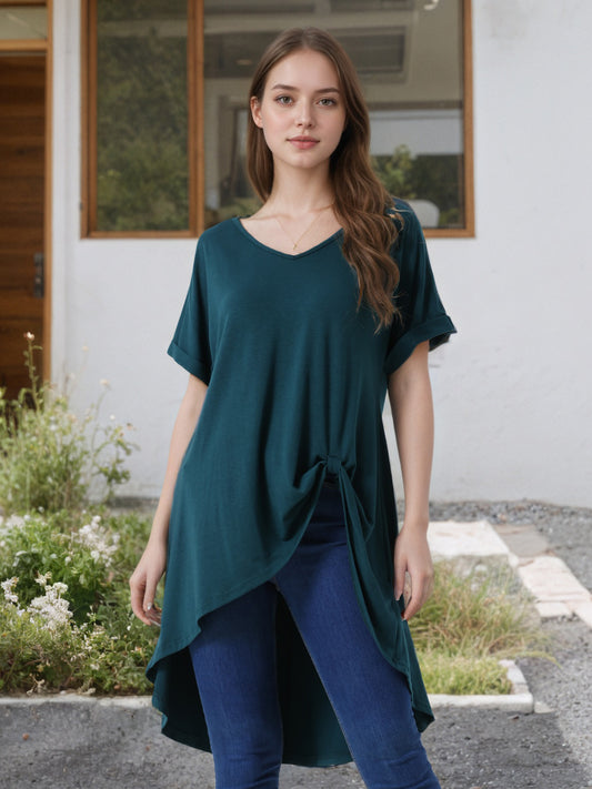 Women's Short Sleeve High Low Tops Waist Knot Asymmetrical Top V Neck Dressy Casual Blouse