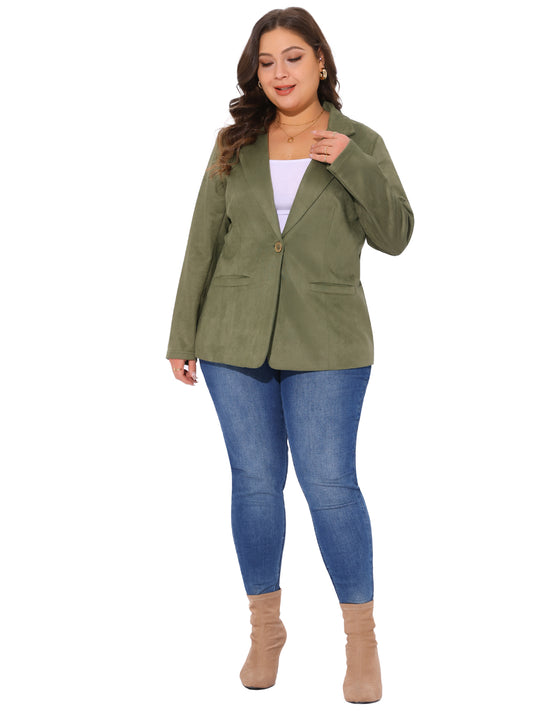 Women Plus Size Faux Suede Jacket Lapel Collar Button Front Long Sleeve Work Casual Blazer Jacket