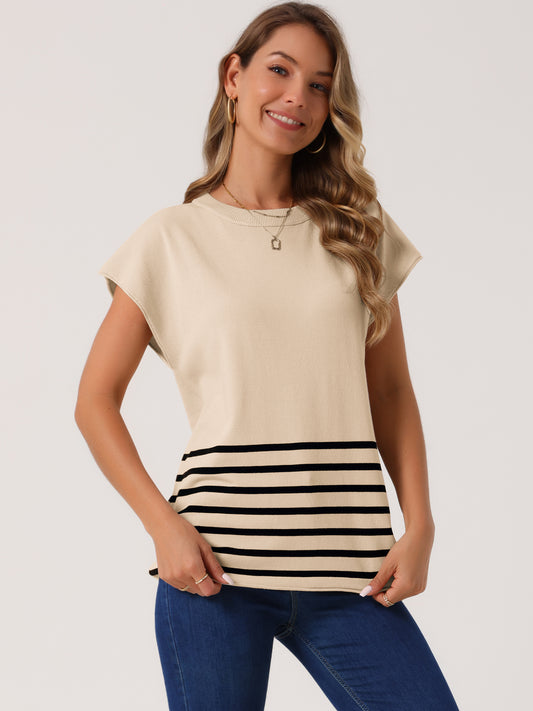 Women's Sleeveless Round Neck Striped Sweater Vest Casual Cap Sleeve Ribbed Knit Pullover Tank Top