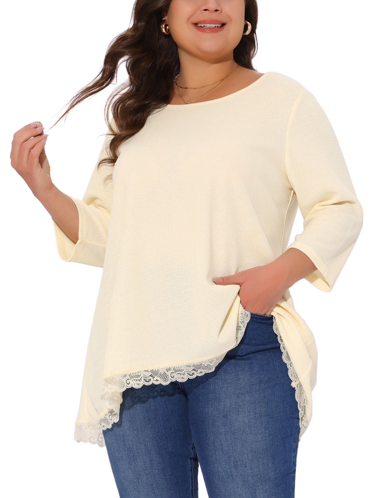 Women Plus Size Blouse Waffle 3/4 Sleeve Round Neck Lace Panel Loose High Low Hem Top