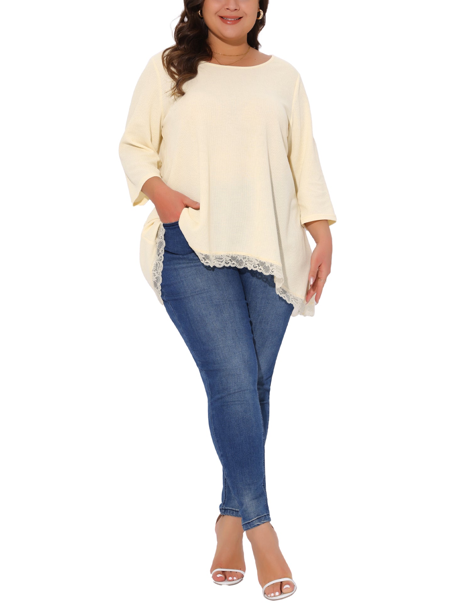 Women Plus Size Blouse Waffle 3/4 Sleeve Round Neck Lace Panel Loose High Low Hem Top