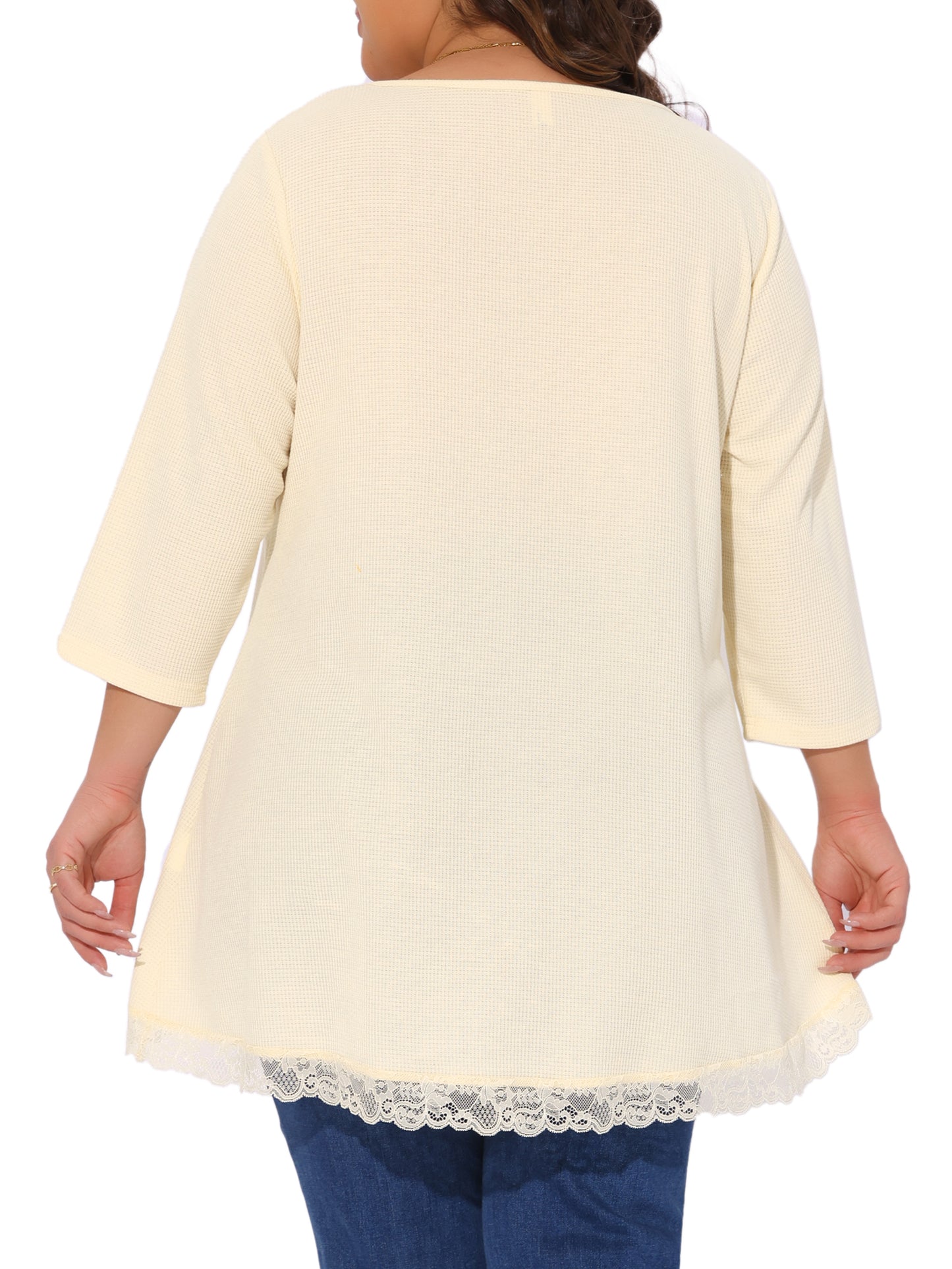 Women Plus Size Blouse Waffle 3/4 Sleeve Round Neck Lace Panel Loose High Low Hem Top