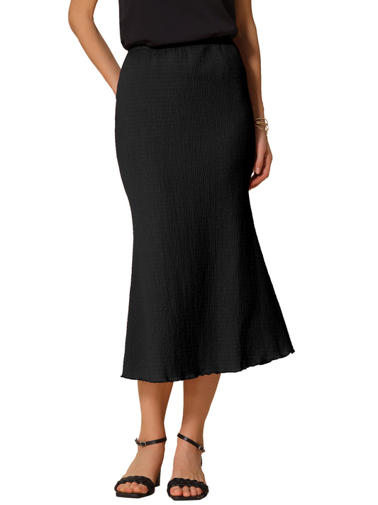 Women's Texture Stretchy Bodycon Lettuce Hem Elastic High Waist Maxi Mermaid Skirt