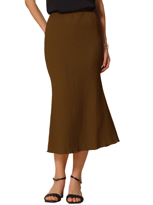 Women's Texture Stretchy Bodycon Lettuce Hem Elastic High Waist Maxi Mermaid Skirt
