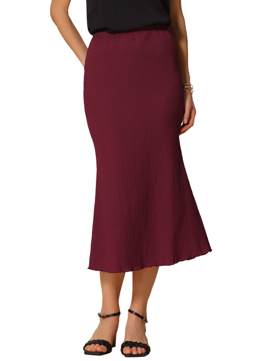 Women's Texture Stretchy Bodycon Lettuce Hem Elastic High Waist Maxi Mermaid Skirt