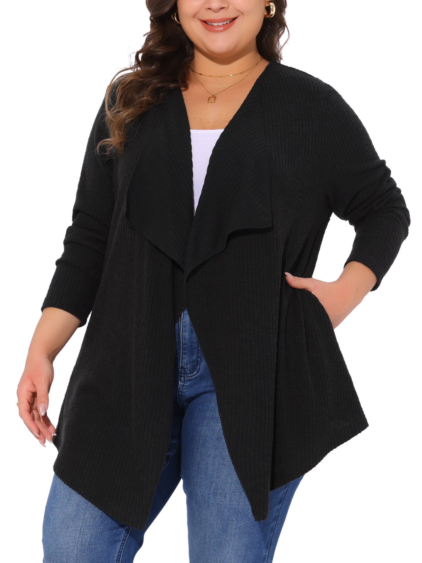Women Plus Size Sweater Knit Cardigan Open Front Irregular Hem Long Sleeve Cardigan with Pockets