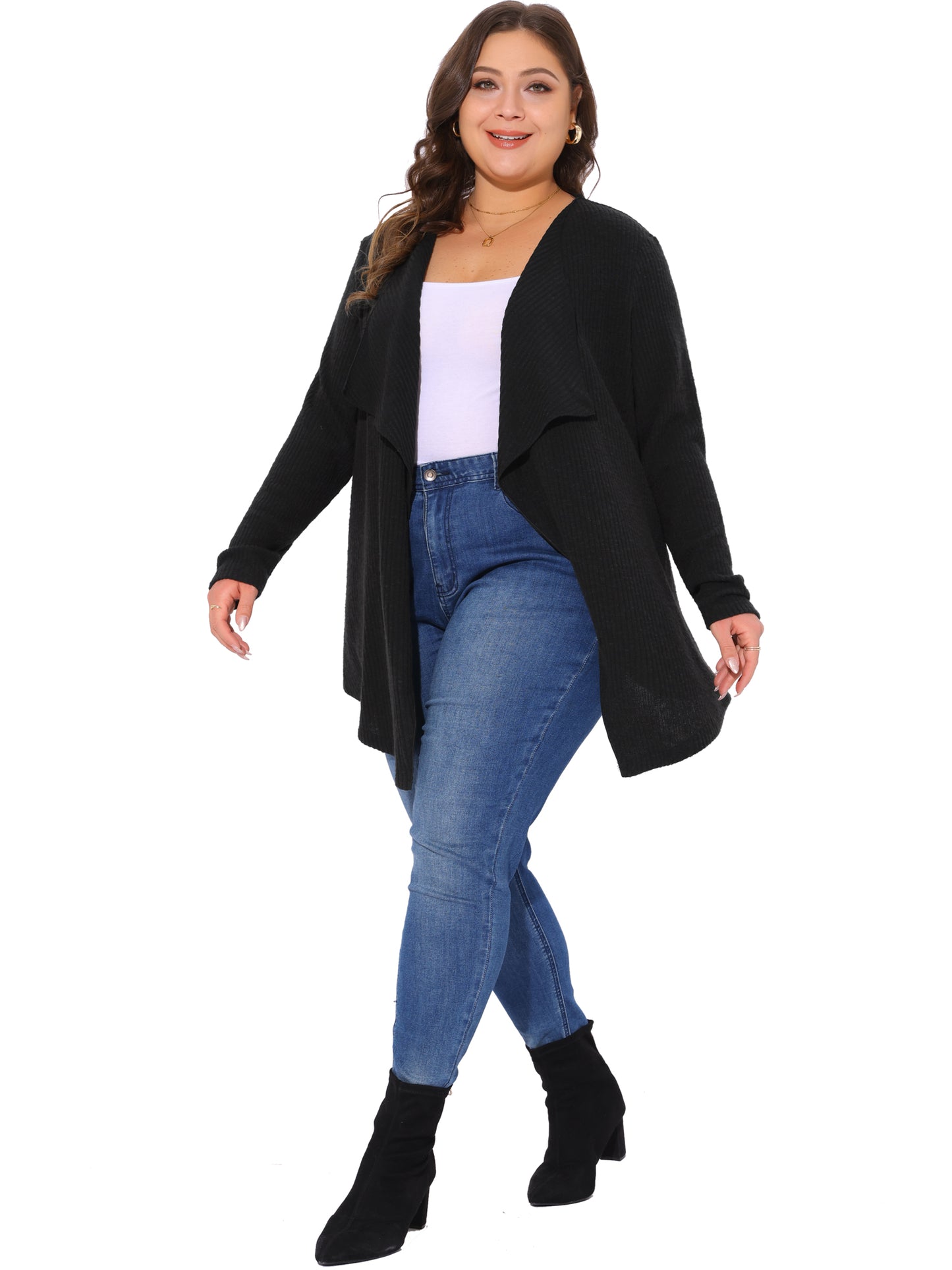 Women Plus Size Sweater Knit Cardigan Open Front Irregular Hem Long Sleeve Cardigan with Pockets