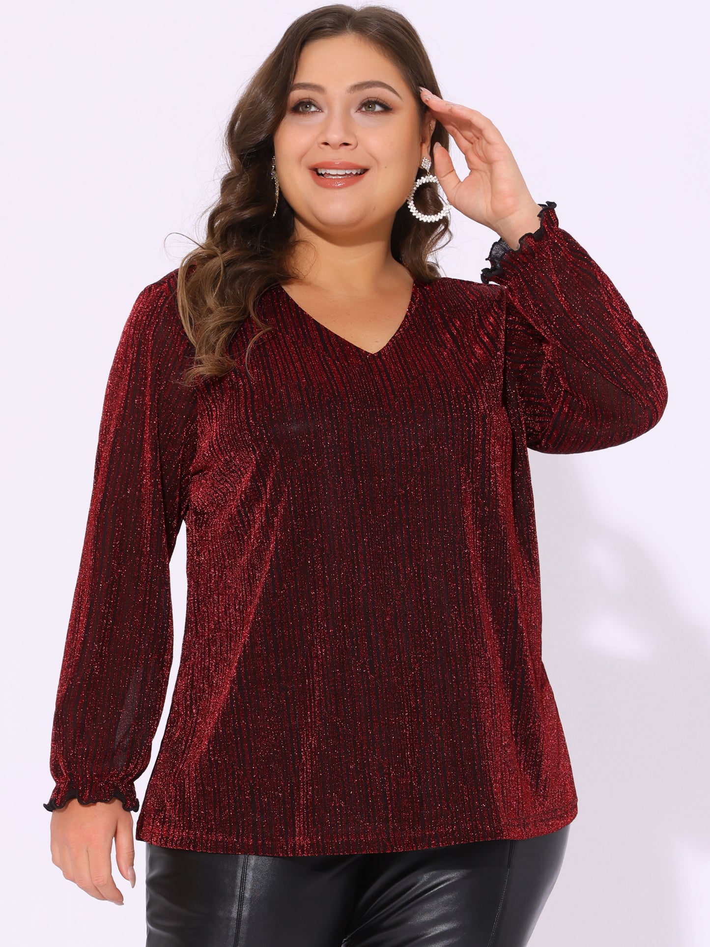 Women's Plus Size Metallic Party Glitter Long Sleeve Shiny Disco Sparkle Top