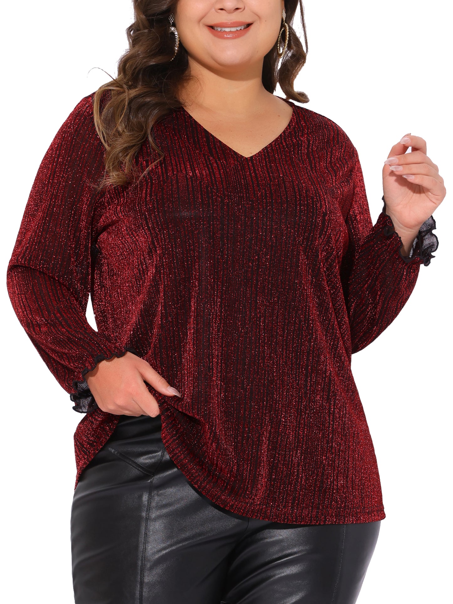 Women's Plus Size Metallic Party Glitter Long Sleeve Shiny Disco Sparkle Top