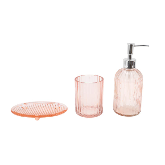 3 Pcs Set Durable Vertical Stripes Bathroom Accessories Kit Pink