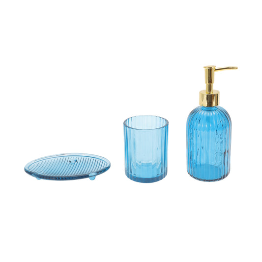 3 Pcs Set Reusable Vertical Stripes Bathroom Accessories Kit Blue