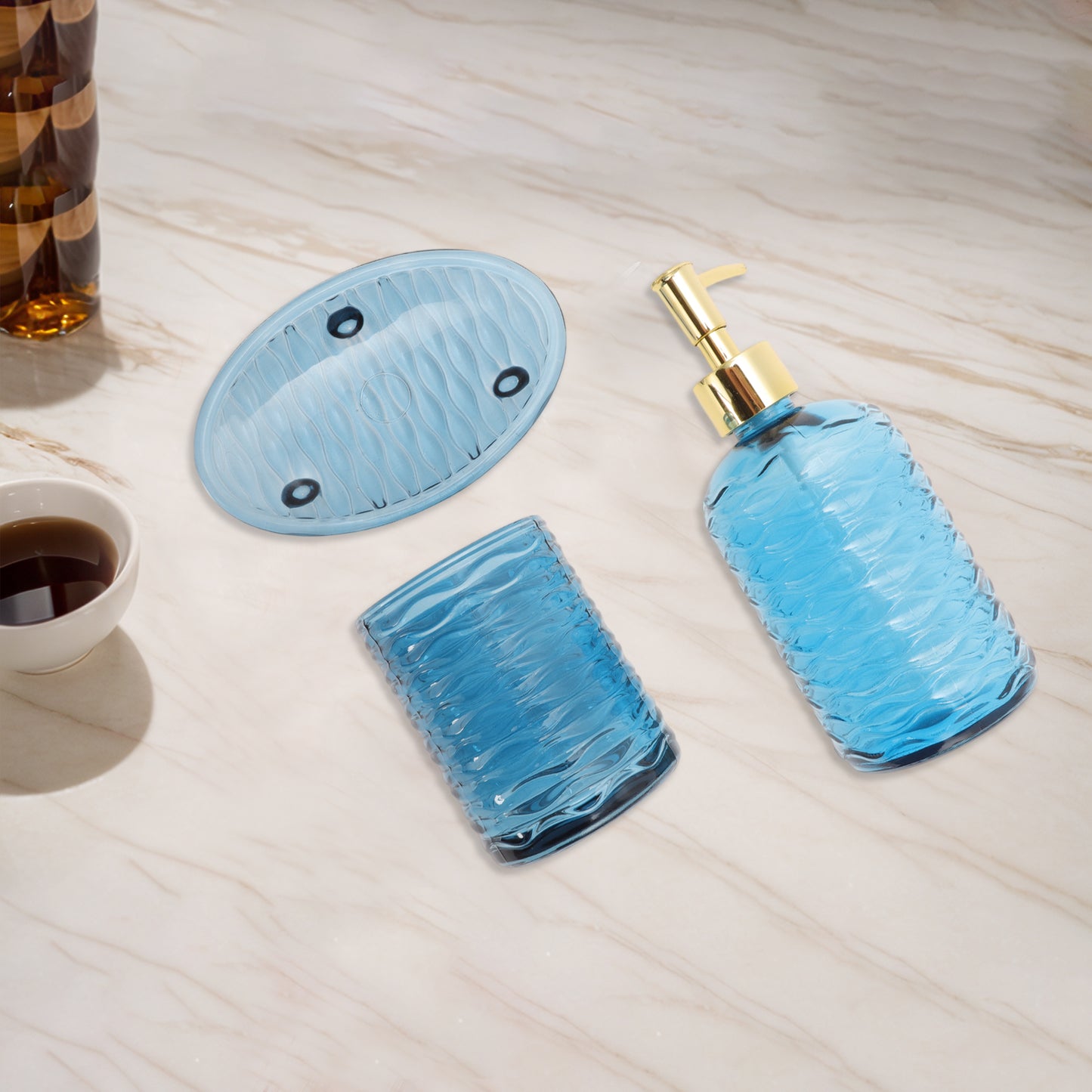 4 Pcs Set Reusable Waves Bathroom Accessories Kit Blue