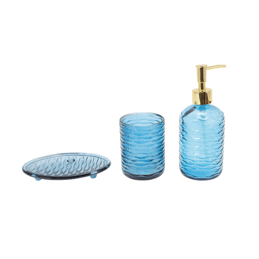 Juego de 4 accesorios de baño reutilizables con diseño de ondas, color azul