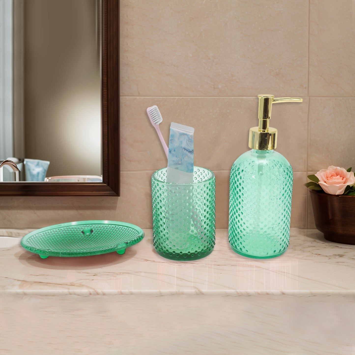 3 Pcs Set of Simple Reusable Dots Bathroom Accessories Kit Green