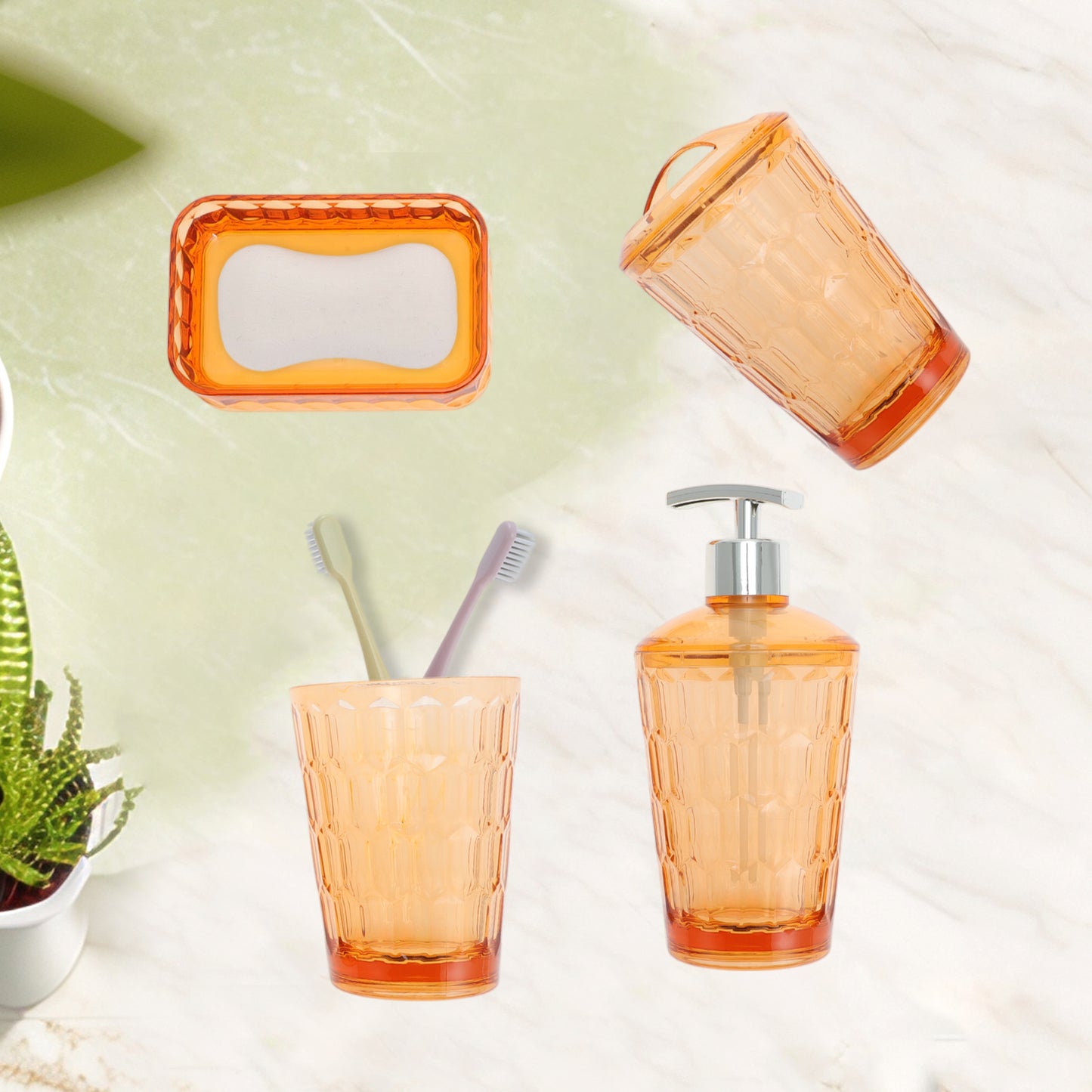 4 Pcs Set Transparent Bathroom Accessories Kit for Home Orange Red